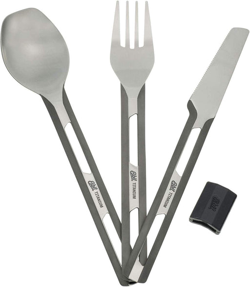 Esbit Titanium portable cutlery with the black silicone sleeve on a white background.