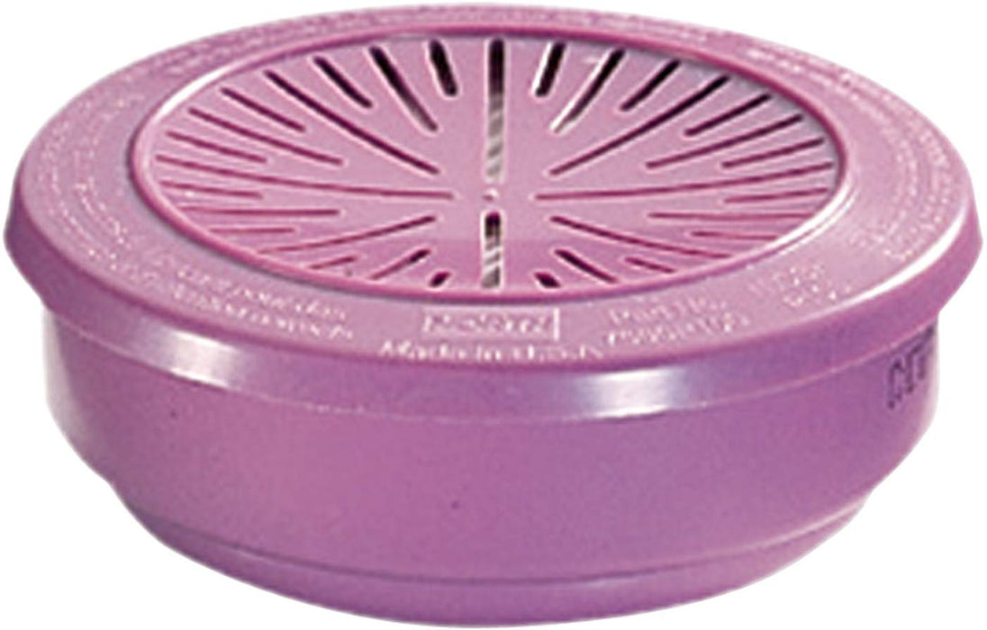 Closeup of the Cartridge Respirator Filter showing the plastic purple casing and ventilation on top of the filter.