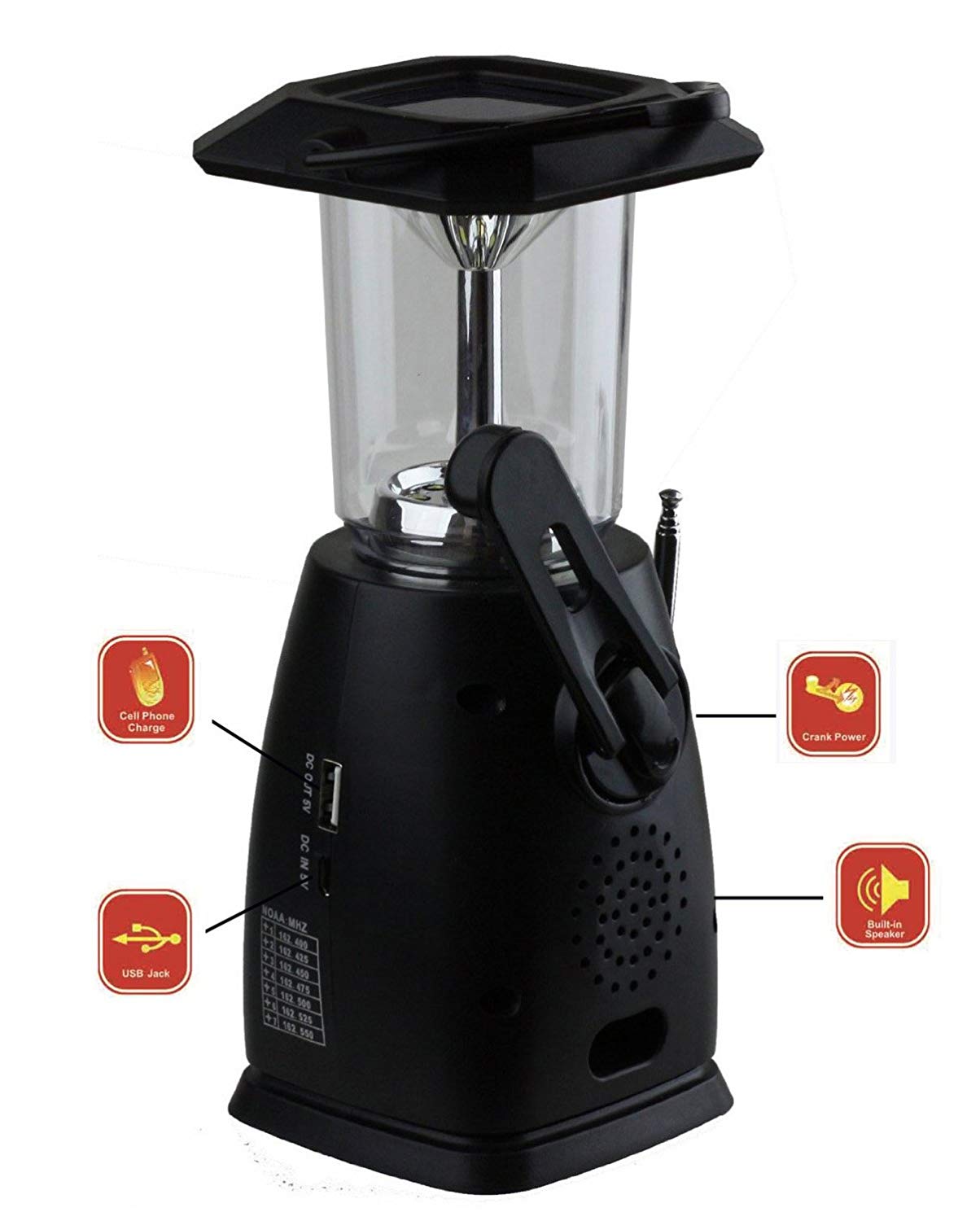 The crank, built-in speaker, usb out and in ports, and the am/fm antenna of the Kaito KA249W LED Camping Lantern in Black.