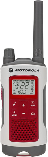 Motorola Talkabout T4800 Emergency walkie talkie in red and white with a black dial and antenna. 