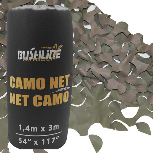 The Bushline Outdoor Camo Net/ Net Camo  shown in it's black carrying bag with the brown and green net shown in the background. 