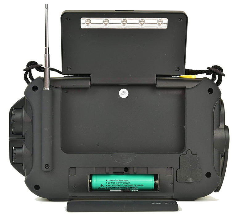 Solar panel storage compartment and AA battery location of the Kaito KA600L Voyager Pro Large Emergency Radio.