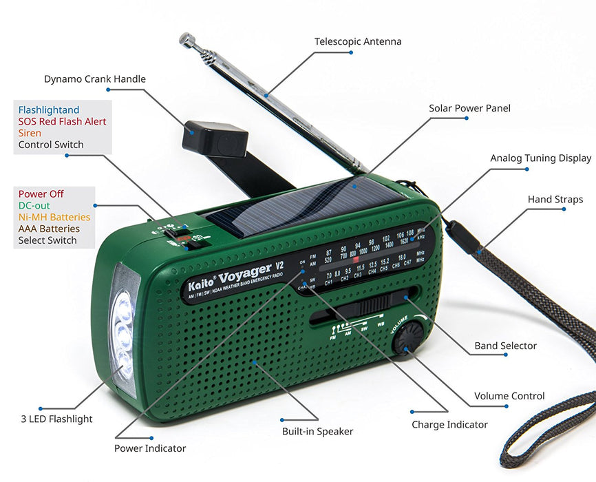 Kaito Voyager 2 Portable Solar/Hand Crank AM/FM, Shortwave & NOAA Weather Emergency Radio with USB Cell Phone Charger & LED Flashlight