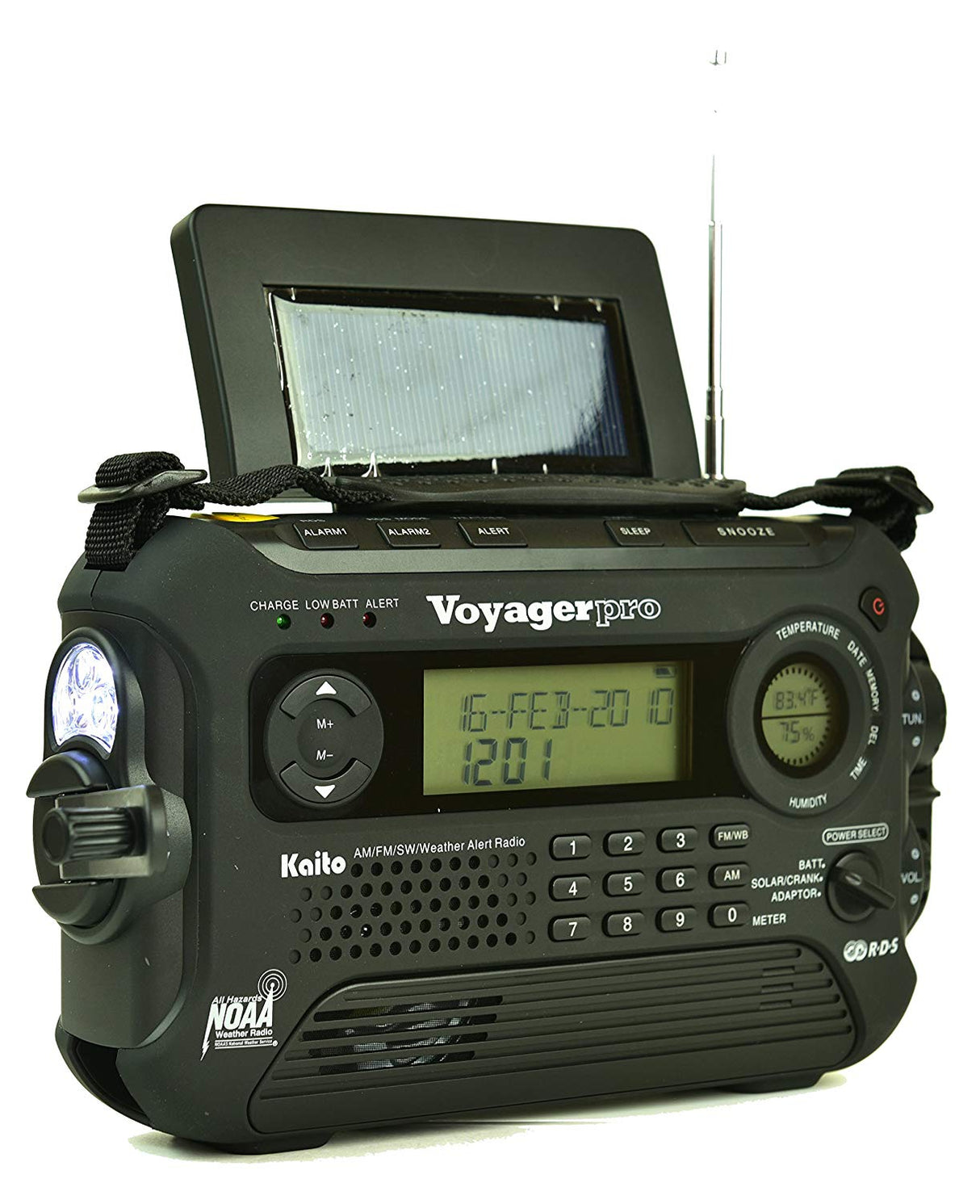 The Hand Crank, Side LED flashlight, and Snooze button of the Kaito Voyager Pro 600 Large Emergency Radio in Black.