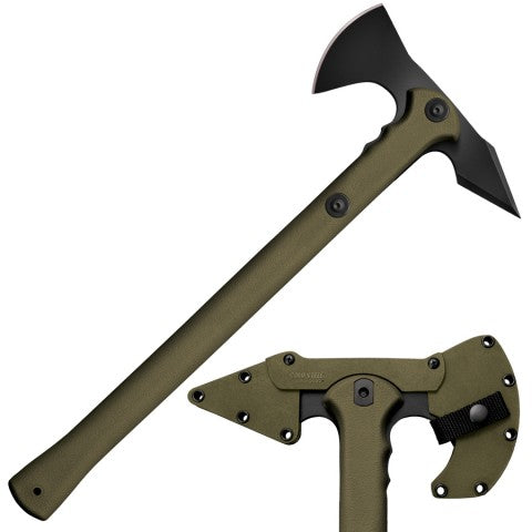 Cold Steel Trech Hawk in Olive Green is laid diagonally against a white background along side a closeup of the trench hawk safety cover and button clip.
