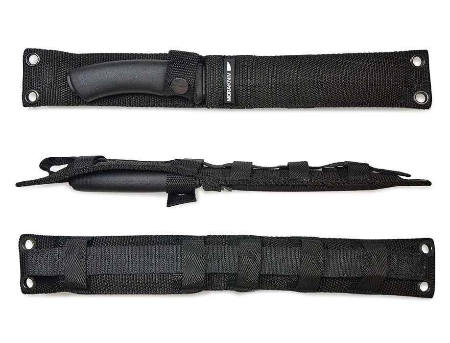 The Black nylon sheath for the Pathfinder carbon steel knife with a belt loop and 5 loops for attaching to other backpacks and gear.