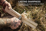 A man with a full sleeve tattoo is shaving wood off a piece of firewood using a Morakniv Full tag fixed blade knife. 