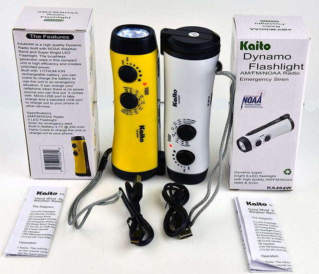 Kaito Dynamo flashlight in white and yellow with the volume and tuner band dials and usb charging cables.