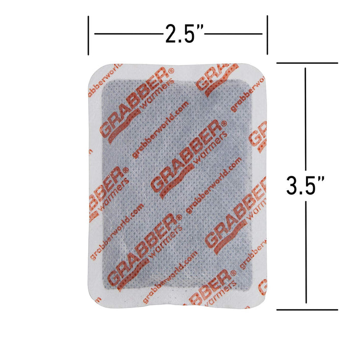 Grabber handwarmer pad size dimension chart: 2.5 inches x 3.5 inches. 