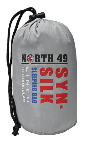 North 49 SYN SILK sleeping bag liner carrying case in grey. An adjustable drawstring is on the bag.