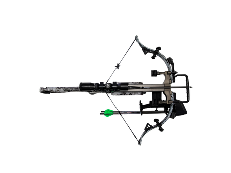 Top down view of the Micro AXE340 BUC crossbow with the cocking aid and arrow bar attached to the recurve section.