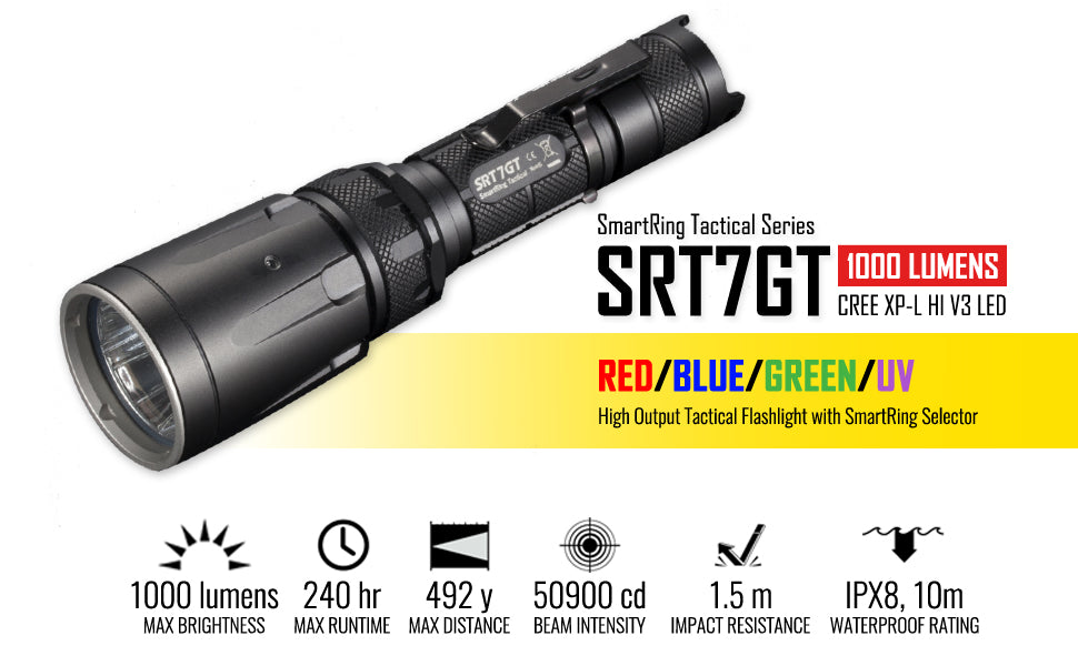SmartRing Tactical Series SRT7GT 1000 lumens red, blue, green, uv high output tactical flashlight. 1000 lumens max brightness, 240 hr max runtime, 492 yard max distance, 50900 cd beam intensity, 1.5 m impact resistance and ipx8, 10m waterproof rating.