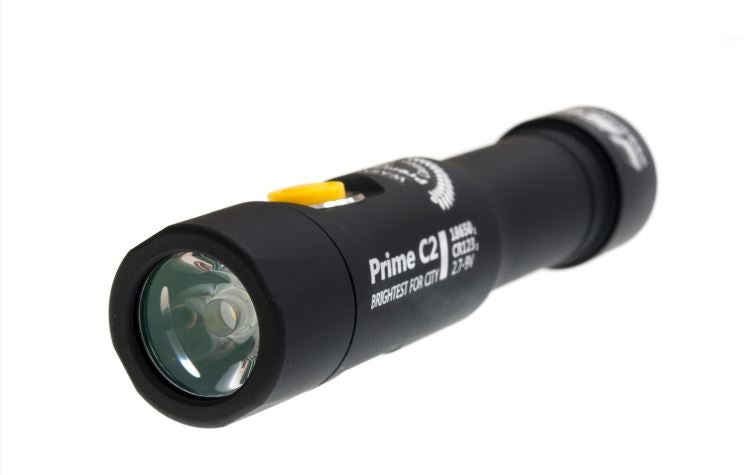 front view of the prime c2 flashlight showing the small powerful bulb