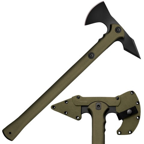 Cold Steel Trench Hawk in Olive Green is laid diagonally against a white background along side a closeup of the trench hawk safety cover and button clip.