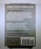 The back instructions of the Conflicted Deck 1: The Downfall Playing card box. The description 'what "conflicts" you' is written above the openning paragraph.