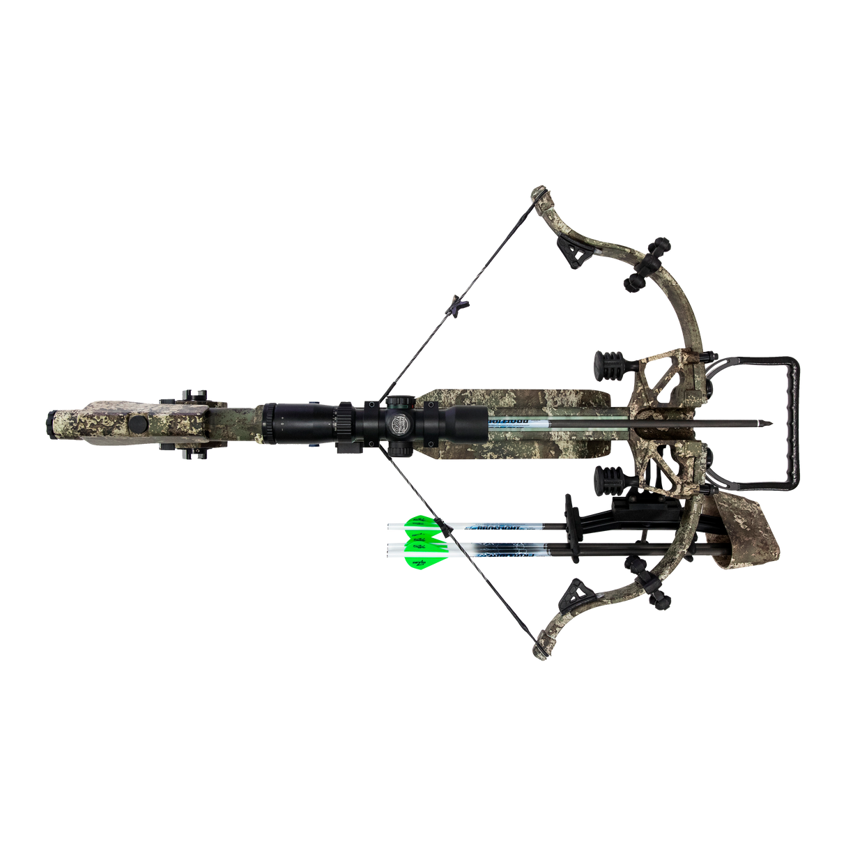 top view of the assassin 400 TD crossbow with two proflight 16.5" premium arrows attached to the right