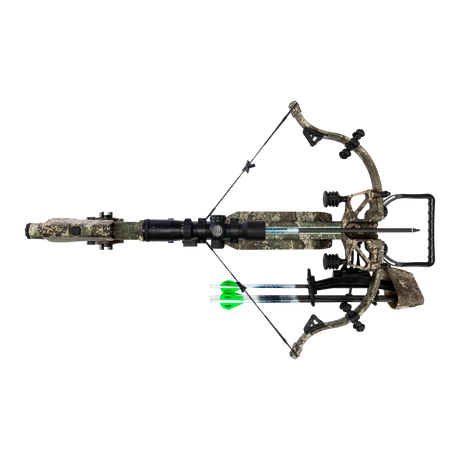 top view of the assassin 400 TD crossbow with two proflight 16.5" premium arrows attached to the right