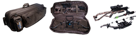 Excalibur crossbow case closed on the left in olive green, the case open with the assassin 420 td crossbow securely stored in the middle and the assassin 420 TD deconstructed on the right