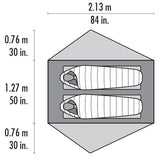 Dimension diagram for the Freelight Ultralight Backpacking 2 person tent. 84in x 50in