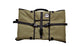 Front of the Olive coloured Bug Out Roll with black plastic clips, straps and a black rubber top handle. 