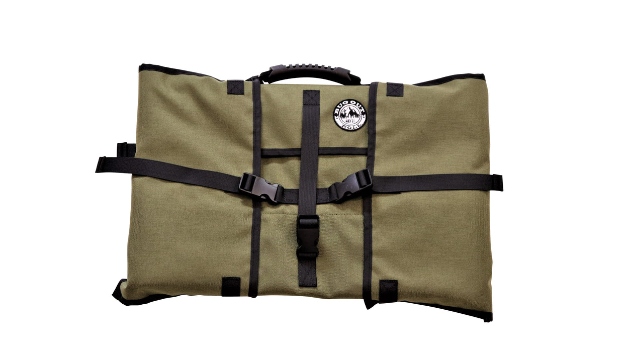 Front of the Olive coloured Bug Out Roll with black plastic clips, straps and a black rubber top handle. 