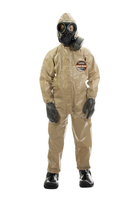 A child wearing a MRA Haz-Suit Hazmat suit with a filtered gas mask, black gloves and boots on.