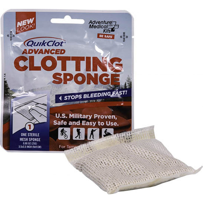 Advanced Quikclot clotting sponge beside it's product packaging.