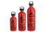 MSR Fuel Bottle canisters in a deep orange colour. The bottles have the dangerous flammable, combustable, and explosive whims labels.