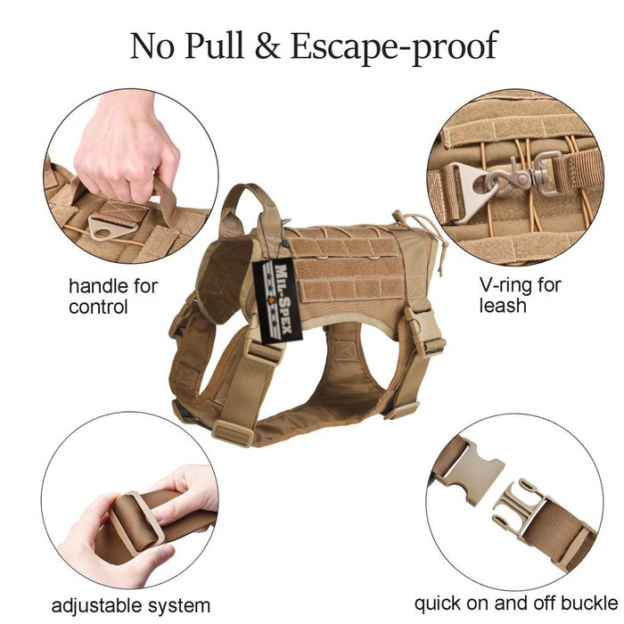the harness of the Milspex K-9 Tactical Molle Dog vest with the handle for controling the animal, v-ring for attaching a leash, adjustable clips, and quick on/off buckles.