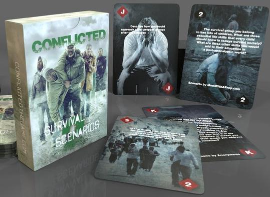 The playing card box of the Conflicted Deck 2: Survival Scenarios with 4 playing card examples laid beside the card box.