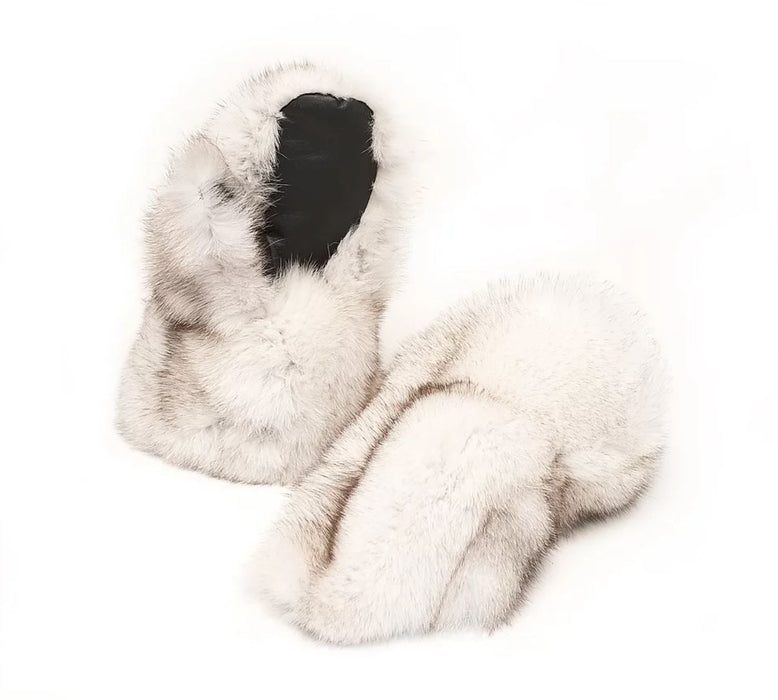 Two white furred Ladies Blue Fox Fur Mitts side by side, one of the mitts exposing the leather palm. 