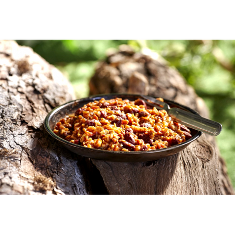 Freeze Dried Vegetarian Chili from Happy Yak Express. The green camping bowl is is laid on a tree log.