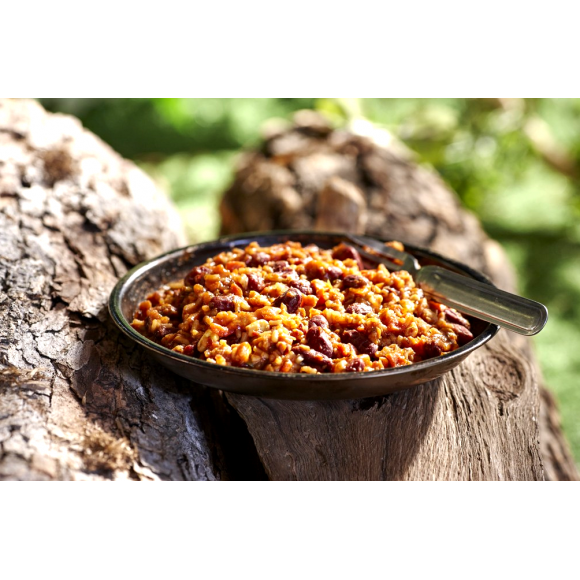Freeze Dried Vegetarian Chili from Happy Yak Express. The green camping bowl is is laid on a tree log.