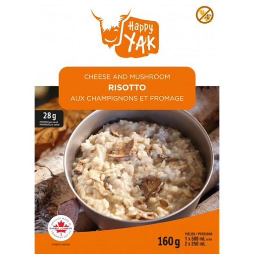  Happy Yak Cheese and Mushroom Risotto 'Aux Champignons Et Fromage'. A bowl of risotto with mushrooms rests on a bed of lumber.