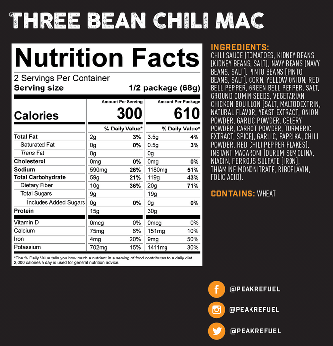 Peak Refuel Three Bean Vegetarian Chili Mac Nutrition Facts