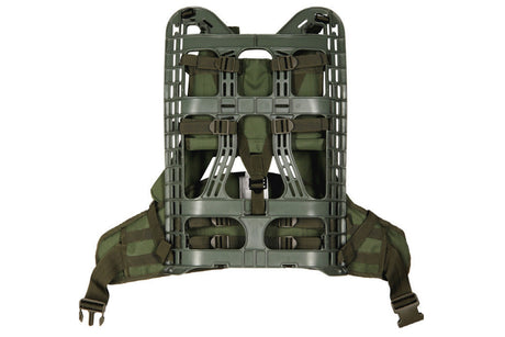 Mil-Spex M.O.L.L.E External Backpack frame with harness in a forest green color.