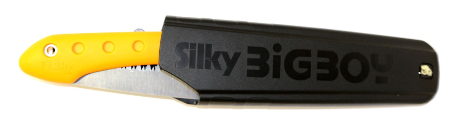 A yellow handled silky folding saw inside of the black durable plastic Silky Bigboy case.