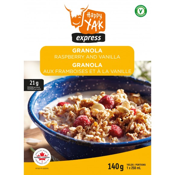 Happy Yak express Granola Raspberry and Vanilla freeze dried breakfast or lunch.