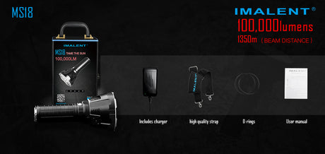 Imalent Ms 12 flashlight alongside the charger, high quality strap, D-rings and user manual.