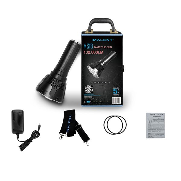 Imalent MS 12 100,000 Lumen flashlight, with the wall charger, lanyard and D rings.