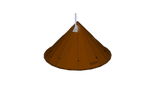 3d rendered design of the NorTent Iavvo 6 winter hot tent. The tent is a copper brown color with a ligh grey cylinder sticking out from the top of the tent.