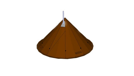 3d rendered design of the NorTent Iavvo 6 winter hot tent. The tent is a copper brown color with a ligh grey cylinder sticking out from the top of the tent.