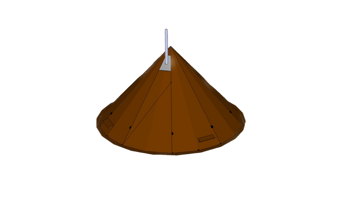 3d rendered design of the NorTent Iavvo 6 winter hot tent. The tent is a copper brown color with a ligh grey cylinder sticking out from the top of the tent.
