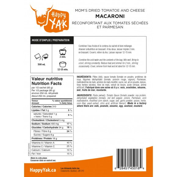 Back of package instructions and nutrtion facts of Happy Yak Mom's Tomatoe and Cheese Macaroni.