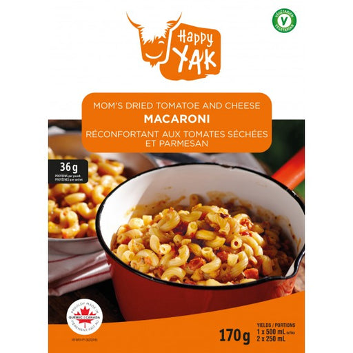 Happy Yak Mom's Dried Tomatoe and Cheese Macaroni. The 'Vegetarian' label is put in the top right corner of the image and a 'Made in Canada' is labeled in the bottom left corner.