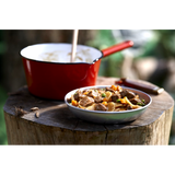 A bowl of beef stew from a Happy Yak freeze dried packet, beside a red camping pot on a tree stump.