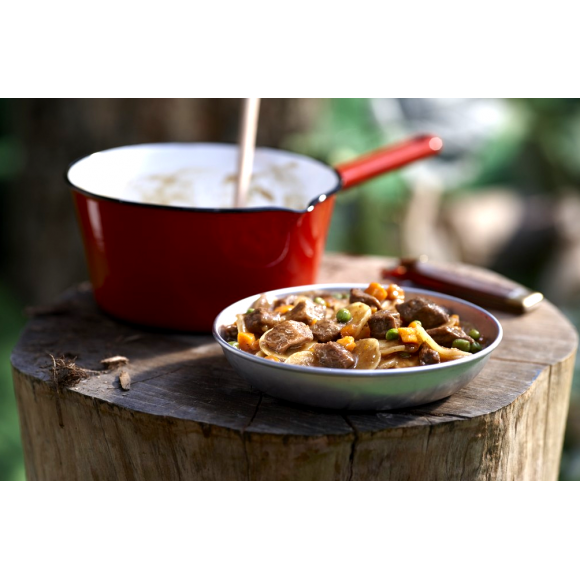 A bowl of beef stew from a Happy Yak freeze dried packet, beside a red camping pot on a tree stump.