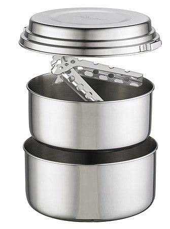 MSR Alpine 2 Stainless Steel Camping Pot Set. 1 large, 1 medium pot, a can opener and a universal lid for the pots.