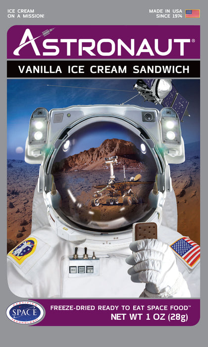 Astronaut Freeze Dried Vanilla Ice Cream Sandwich packaging with description 'Freeze-dried ready to eat space food'