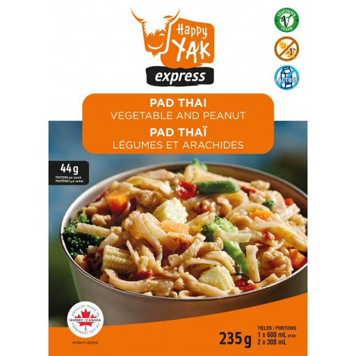 Happy Yak Express Pad Thai Vegetable and Peanut freeze dried food, with labels 'vegan' 'gluten free' and 'lactose free' in the top right.